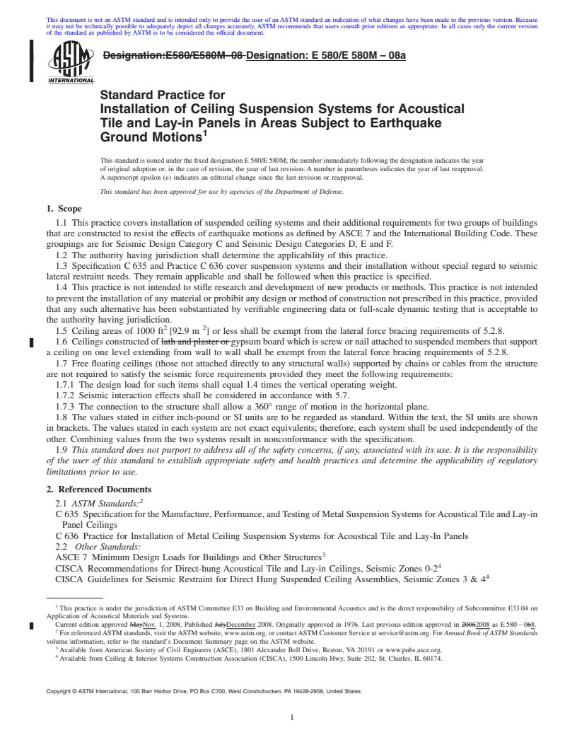 REDLINE ASTM E580/E580M-08a - Standard Practice for  Installation of Ceiling Suspension Systems for Acoustical Tile and Lay-in Panels in Areas Subject to Earthquake Ground Motions