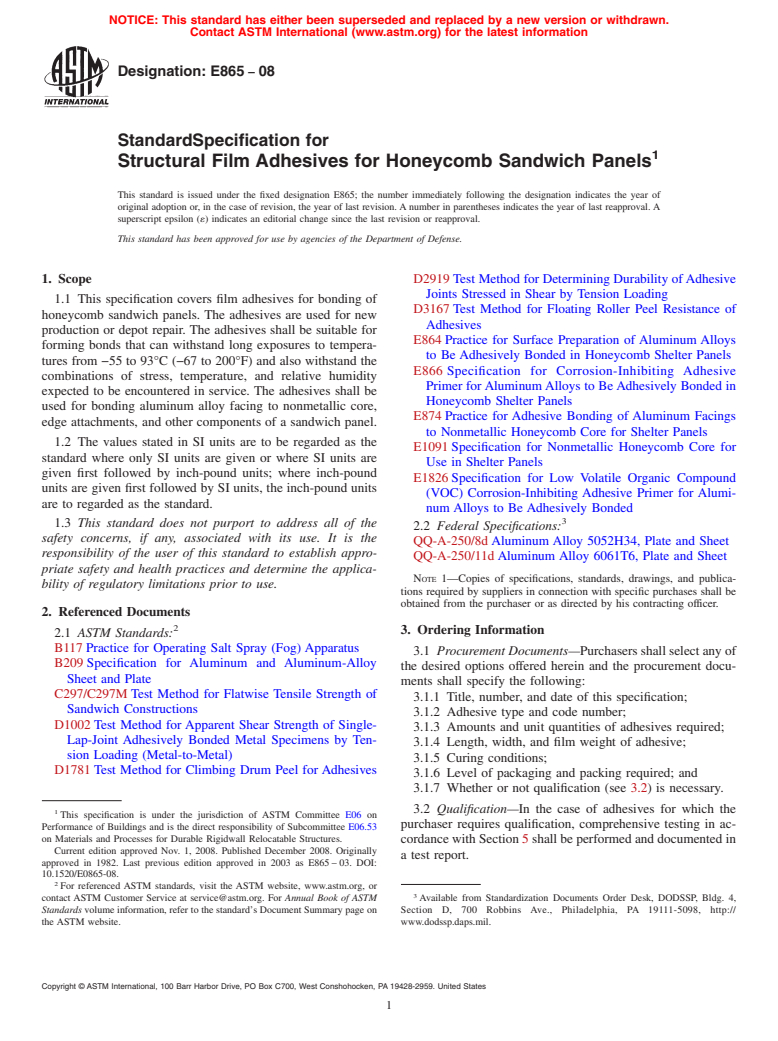 ASTM E865-08 - Standard Specification for Structural Film Adhesives for Honeycomb Sandwich Panels