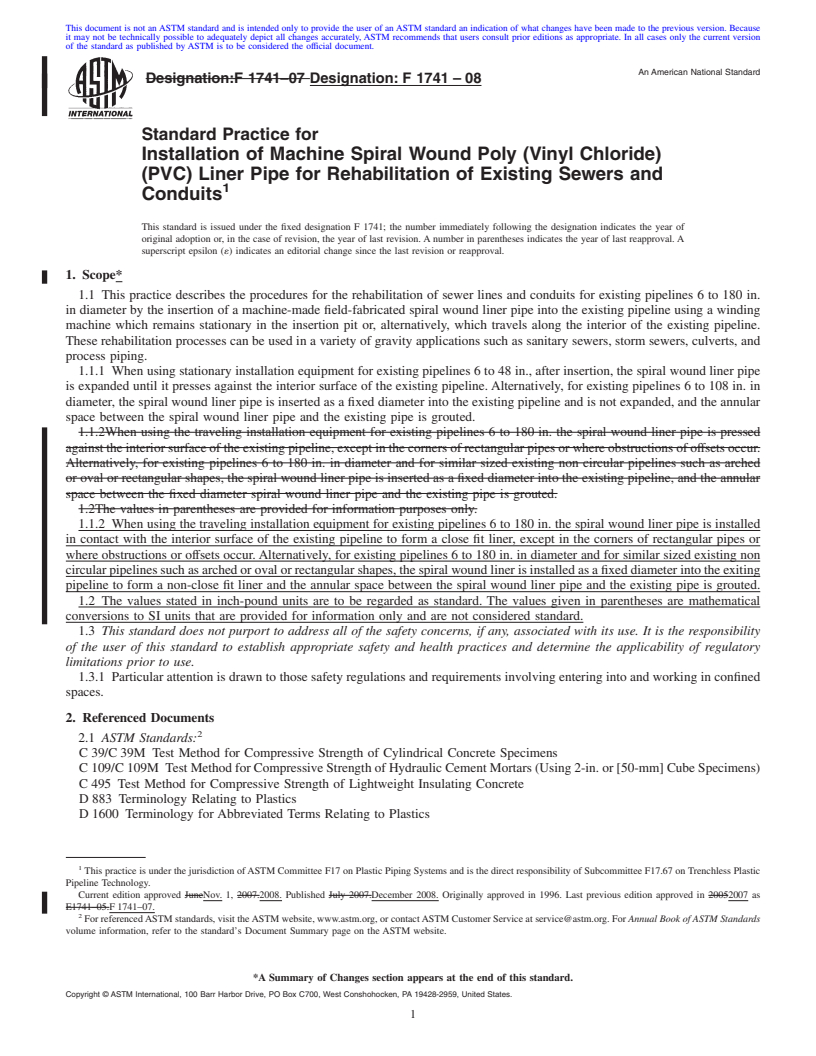 REDLINE ASTM F1741-08 - Standard Practice for Installation of Machine Spiral Wound Poly (Vinyl Chloride) (PVC) Liner Pipe for Rehabilitation of Existing Sewers and Conduits