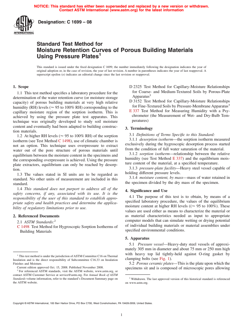 ASTM C1699-08 - Standard Test Method for Moisture Retention Curves of Porous Building Materials Using Pressure Plates