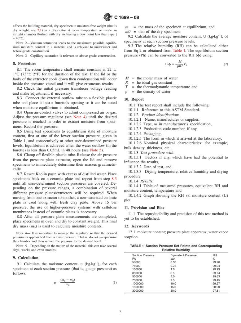 ASTM C1699-08 - Standard Test Method for Moisture Retention Curves of Porous Building Materials Using Pressure Plates