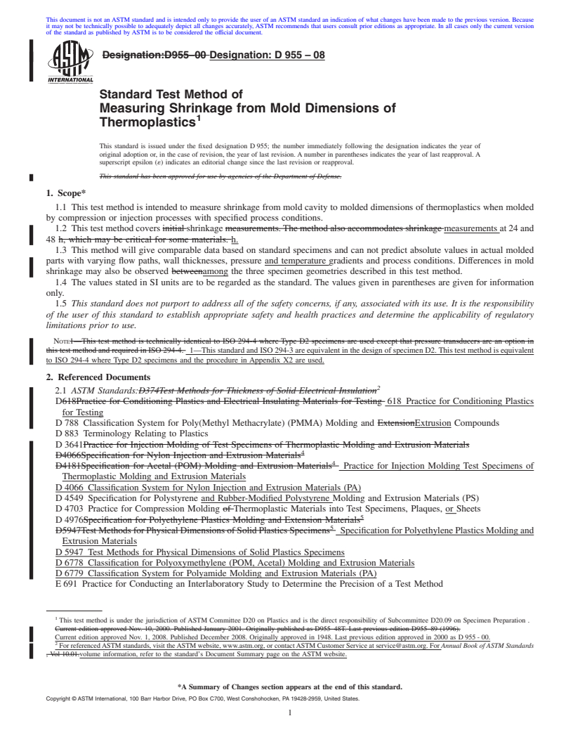 REDLINE ASTM D955-08 - Standard Test Method of Measuring Shrinkage from Mold Dimensions of Thermoplastics