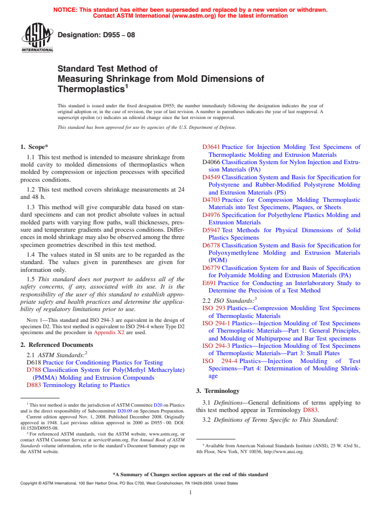 ASTM D955-08 - Standard Test Method of Measuring Shrinkage from Mold Dimensions of Thermoplastics