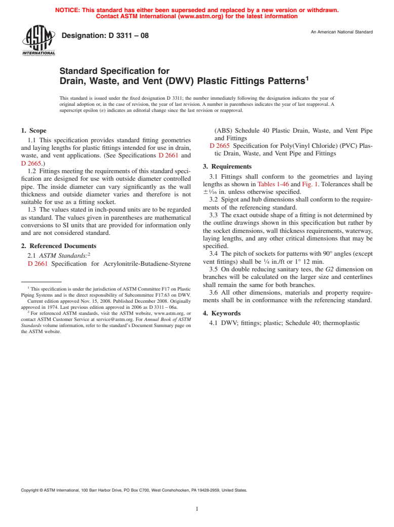 ASTM D3311-08 - Standard Specification for Drain, Waste, and Vent (DWV) Plastic Fittings Patterns