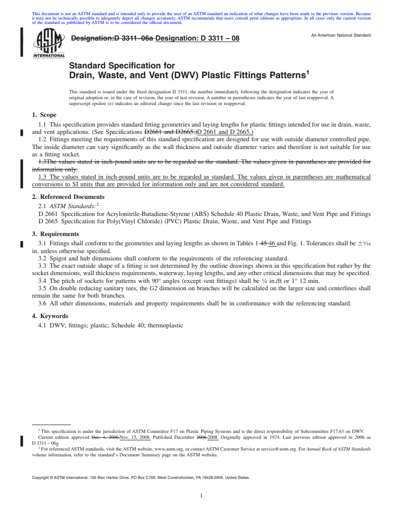 REDLINE ASTM D3311-08 - Standard Specification for Drain, Waste, and Vent (DWV) Plastic Fittings Patterns