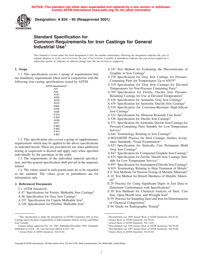 ASTM A834-95(2001) - Standard Specification for Common Requirements for Iron Castings for General Industrial Use