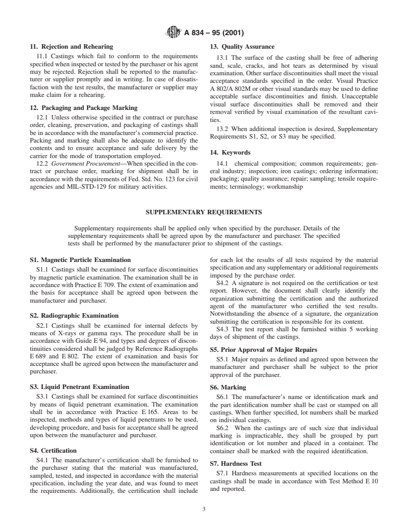 ASTM A834-95(2001) - Standard Specification for Common Requirements for Iron Castings for General Industrial Use