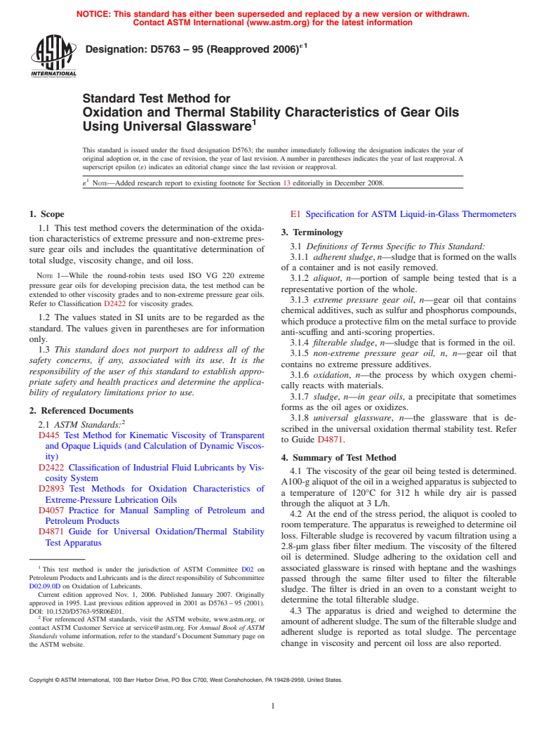 ASTM D5763-95(2006)e1 - Standard Test Method for Oxidation and Thermal Stability Characteristics of Gear Oils Using Universal Glassware