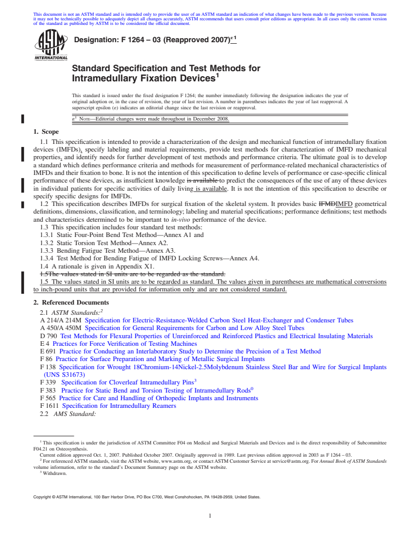 REDLINE ASTM F1264-03(2007)e1 - Standard Specification and Test Methods for Intramedullary Fixation Devices