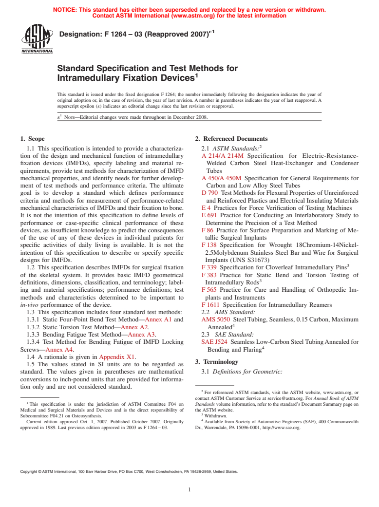 ASTM F1264-03(2007)e1 - Standard Specification and Test Methods for Intramedullary Fixation Devices