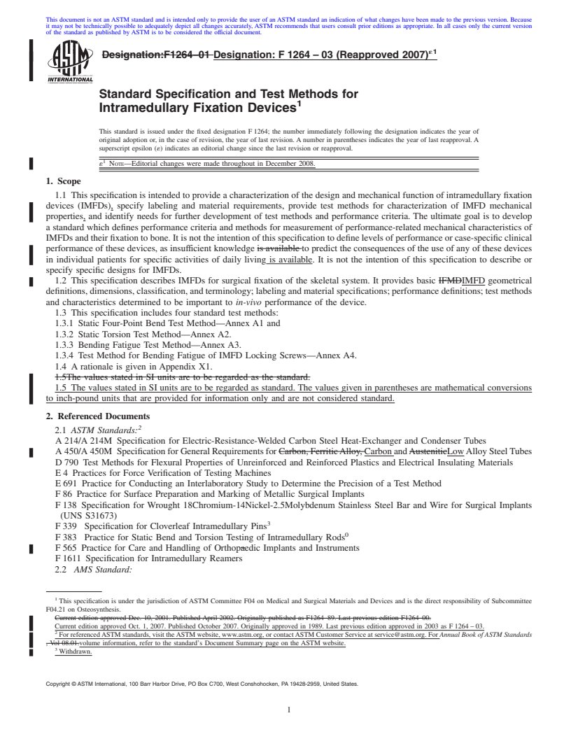 REDLINE ASTM F1264-03(2007)e1 - Standard Specification and Test Methods for Intramedullary Fixation Devices