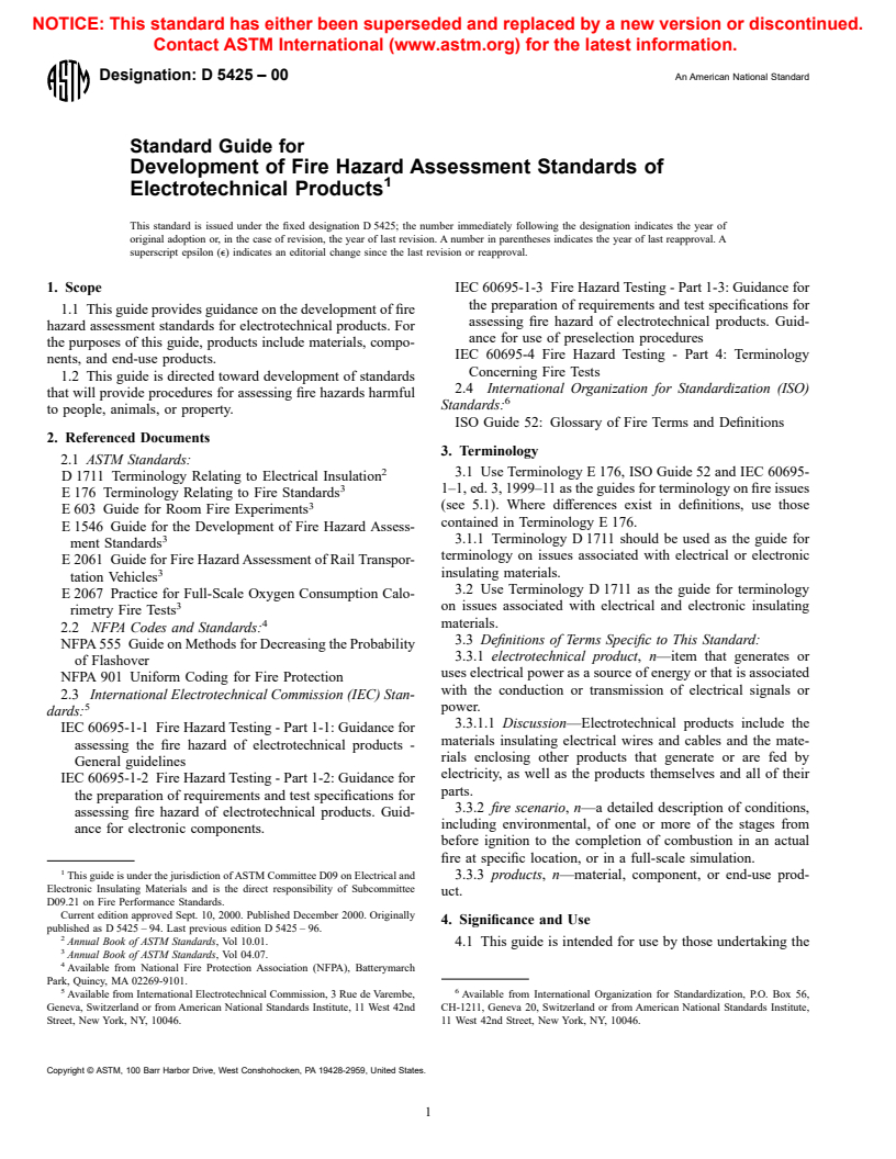 ASTM D5425-00 - Standard Guide for Development of Fire Hazard Assessment Standards of Electrotechnical Products