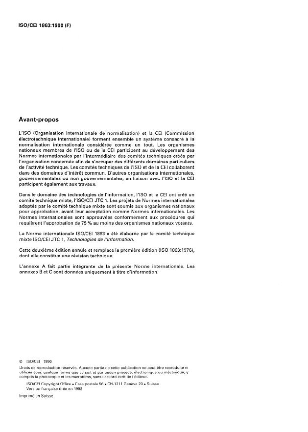 ISO/IEC 1863:1990 ISO/IEC 1863:1990 - Traitement de l'information -- Bande magnétique a 9 pistes de 12,7 mm (0,5 in) de large, pour l'échange d'information, employant NRZ1 a 32 ftpmm (800 ftpi) -- 32 cpmm (800 cpi) - Page 2 preview