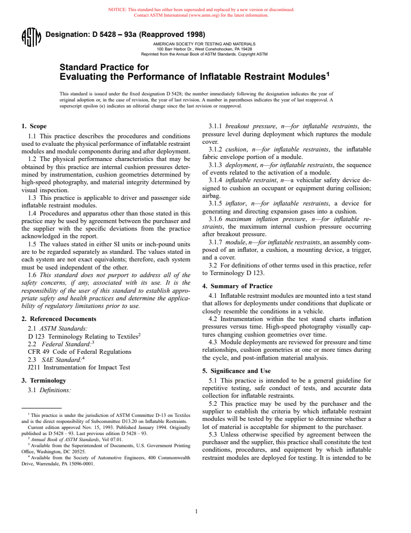 ASTM D5428-93a(1998) - Standard Practice for Evaluating the Performance of Inflatable Restraint Modules