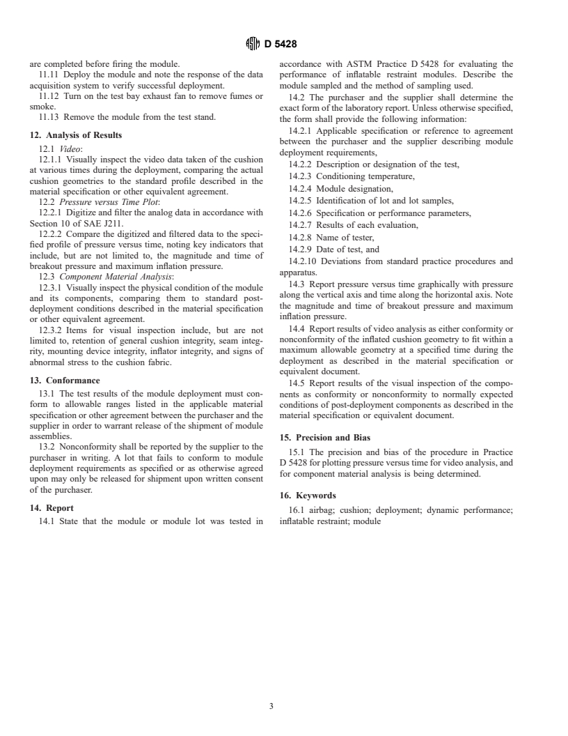 ASTM D5428-93a(1998) - Standard Practice for Evaluating the Performance of Inflatable Restraint Modules