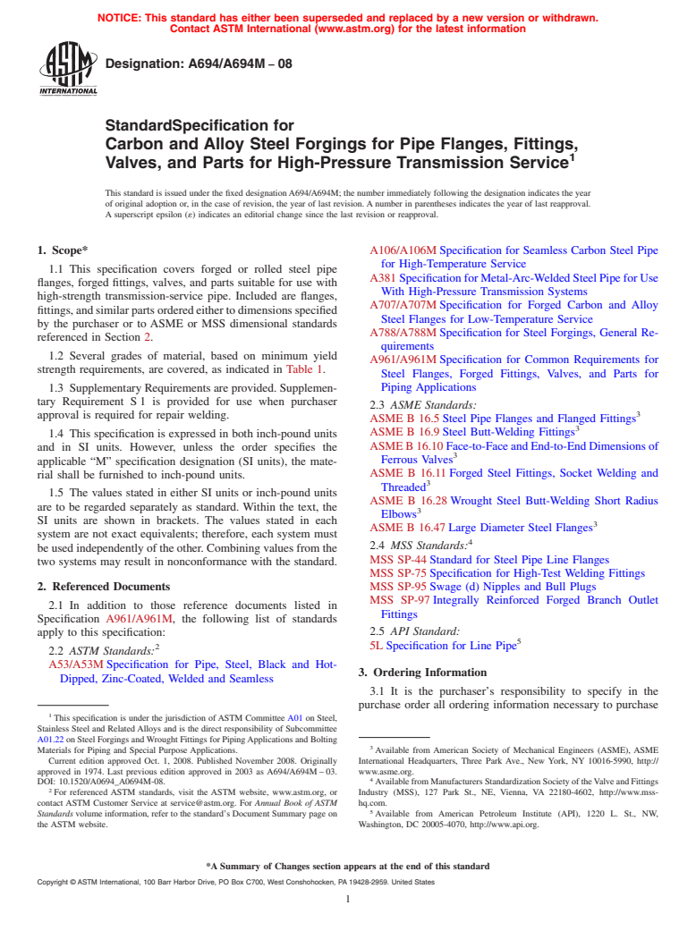 ASTM A694/A694M-08 - Standard Specification for Carbon and Alloy Steel Forgings for Pipe Flanges, Fittings, Valves, and Parts for High-Pressure Transmission Service