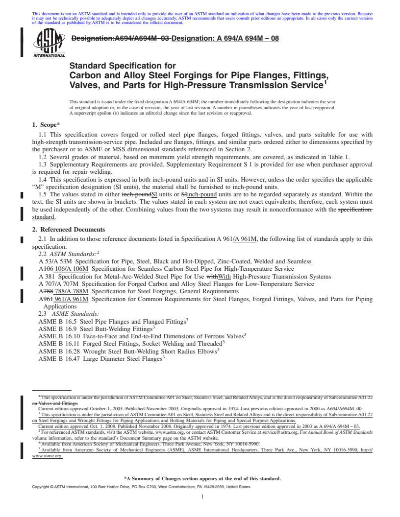 REDLINE ASTM A694/A694M-08 - Standard Specification for Carbon and Alloy Steel Forgings for Pipe Flanges, Fittings, Valves, and Parts for High-Pressure Transmission Service