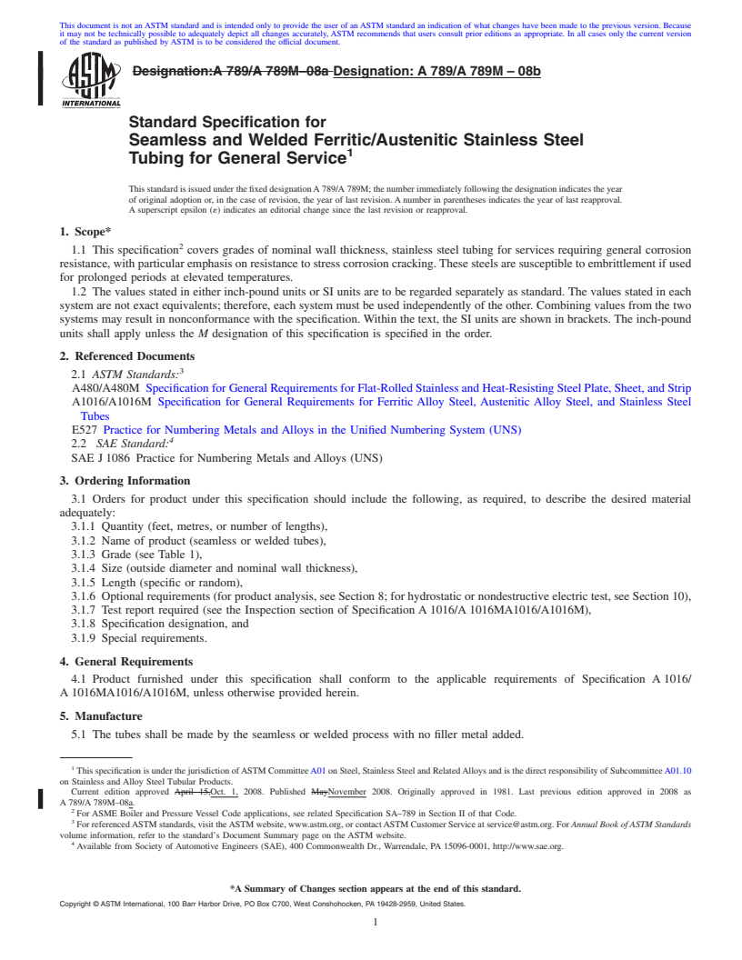 REDLINE ASTM A789/A789M-08b - Standard Specification for Seamless and Welded Ferritic/Austenitic Stainless Steel Tubing for General Service