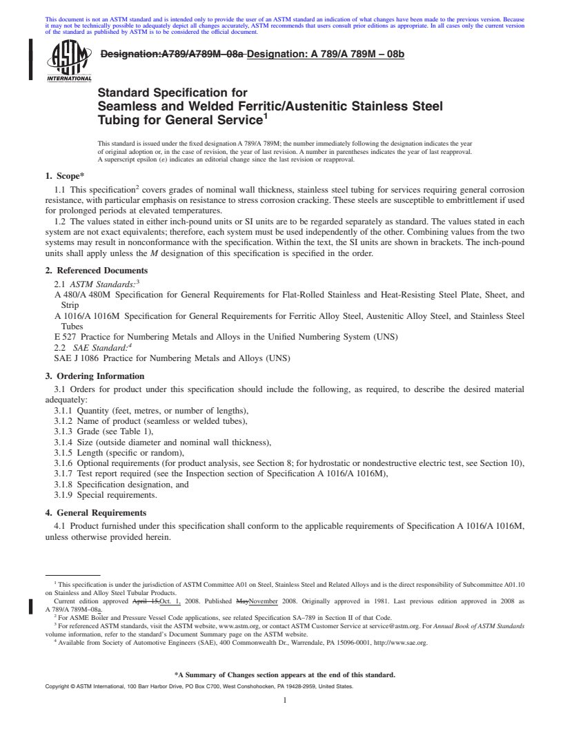 REDLINE ASTM A789/A789M-08b - Standard Specification for Seamless and Welded Ferritic/Austenitic Stainless Steel Tubing for General Service