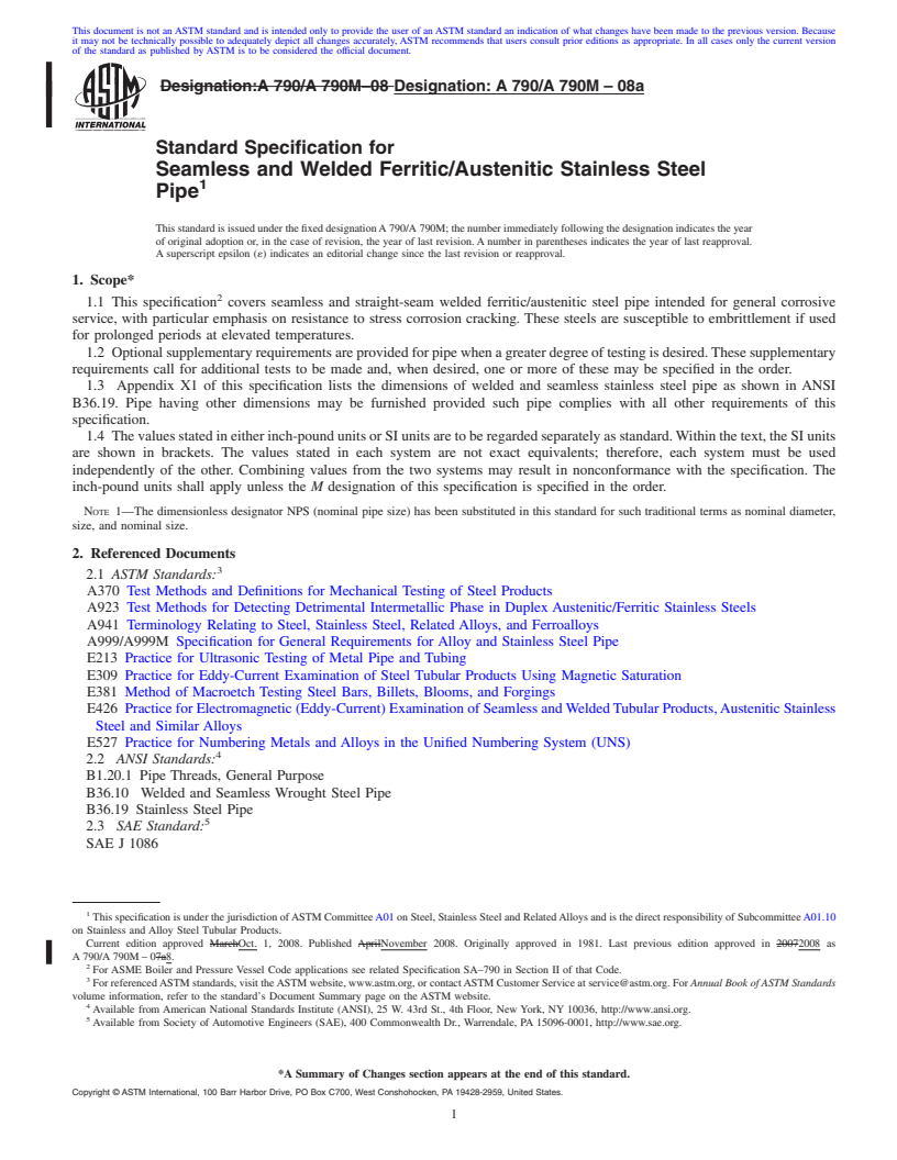 REDLINE ASTM A790/A790M-08a - Standard Specification for  Seamless and Welded Ferritic/Austenitic Stainless Steel Pipe