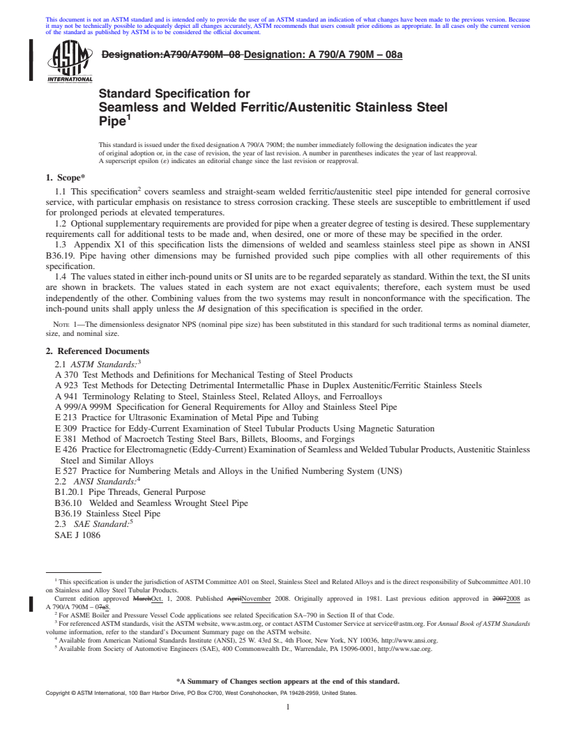 REDLINE ASTM A790/A790M-08a - Standard Specification for  Seamless and Welded Ferritic/Austenitic Stainless Steel Pipe