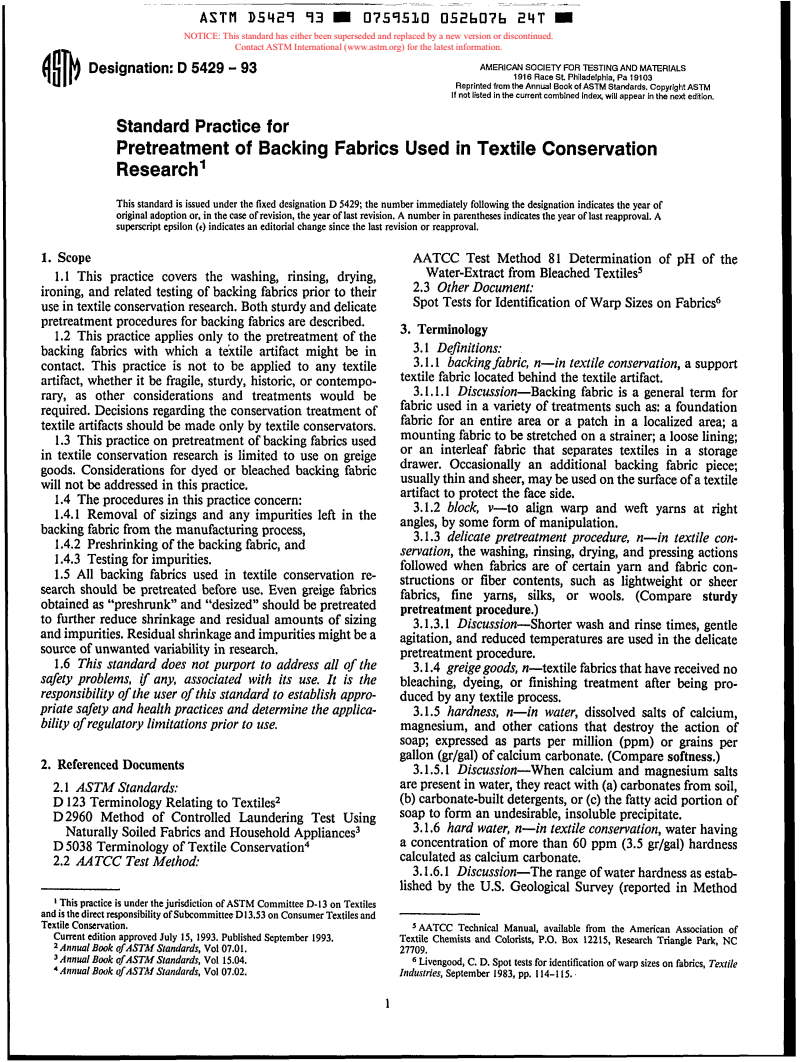 ASTM D5429-93 - Standard Practice for Pretreatment of Backing Fabrics Used in Textile Conservation Research (Withdrawn 2000)