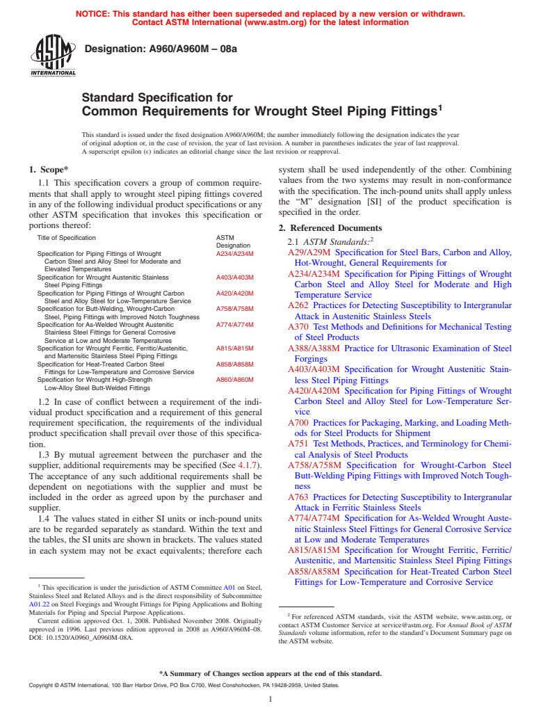 ASTM A960/A960M-08a - Standard Specification for  Common Requirements for Wrought Steel Piping Fittings