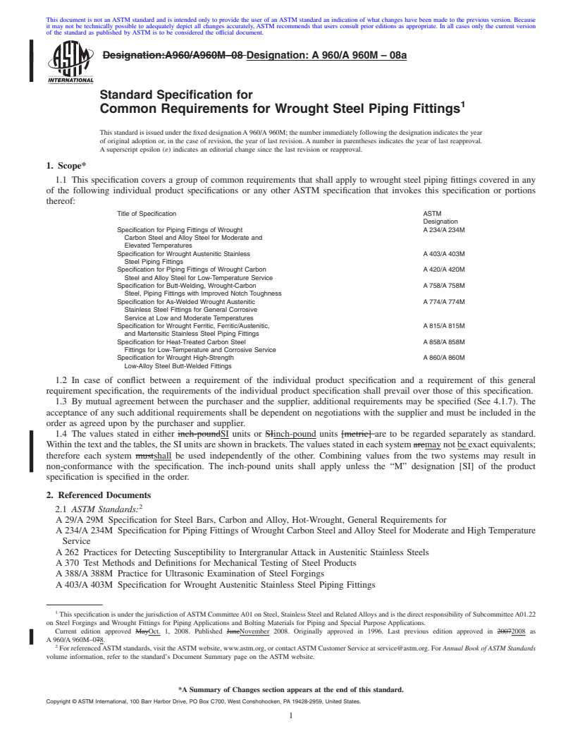 REDLINE ASTM A960/A960M-08a - Standard Specification for  Common Requirements for Wrought Steel Piping Fittings