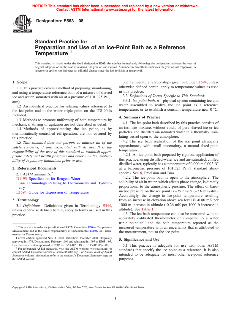 ASTM E563-08 - Standard Practice for Preparation and Use of an Ice-Point Bath as a Reference Temperature