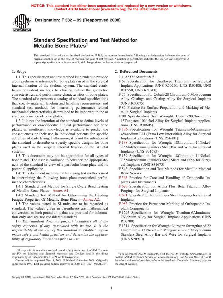 ASTM F382-99(2008) - Standard Specification and Test Method for Metallic Bone Plates