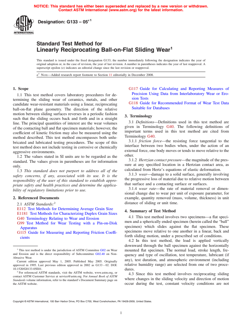 ASTM G133-05e1 - Standard Test Method for Linearly Reciprocating Ball-on-Flat Sliding Wear