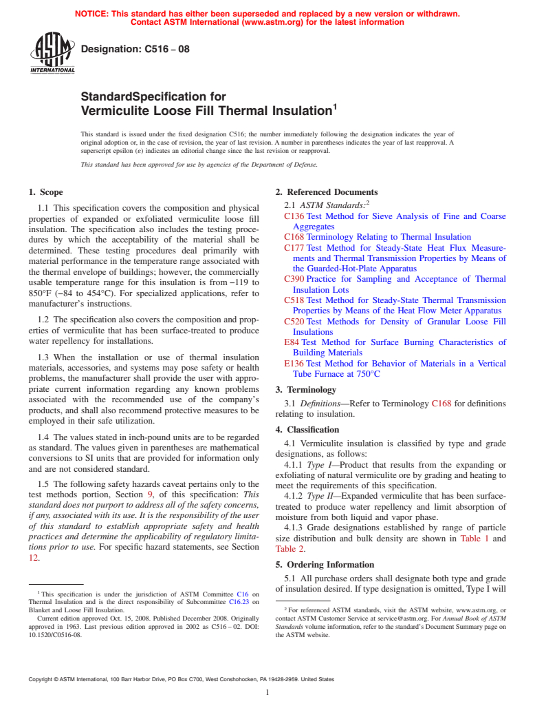 ASTM C516-08 - Standard Specification for Vermiculite Loose Fill Thermal Insulation