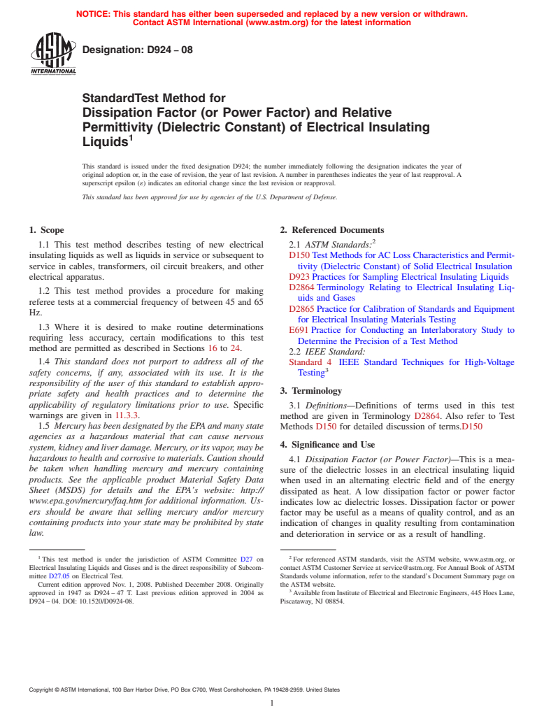 ASTM D924-08 - Standard Test Method for Dissipation Factor (or Power Factor) and Relative Permittivity (Dielectric Constant) of Electrical Insulating Liquids