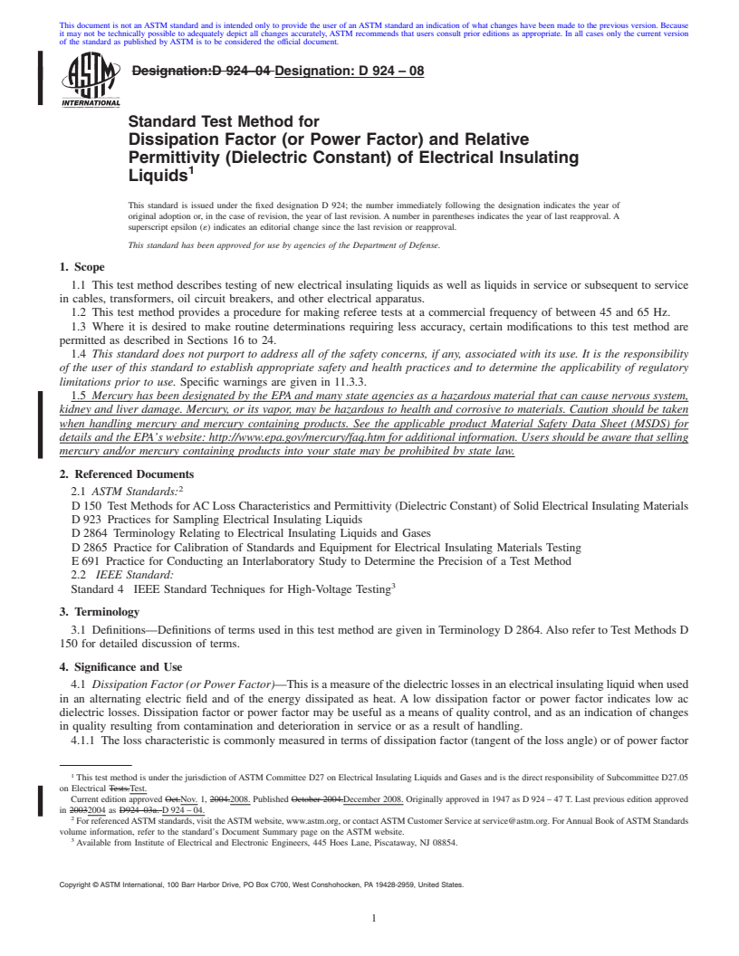 REDLINE ASTM D924-08 - Standard Test Method for Dissipation Factor (or Power Factor) and Relative Permittivity (Dielectric Constant) of Electrical Insulating Liquids