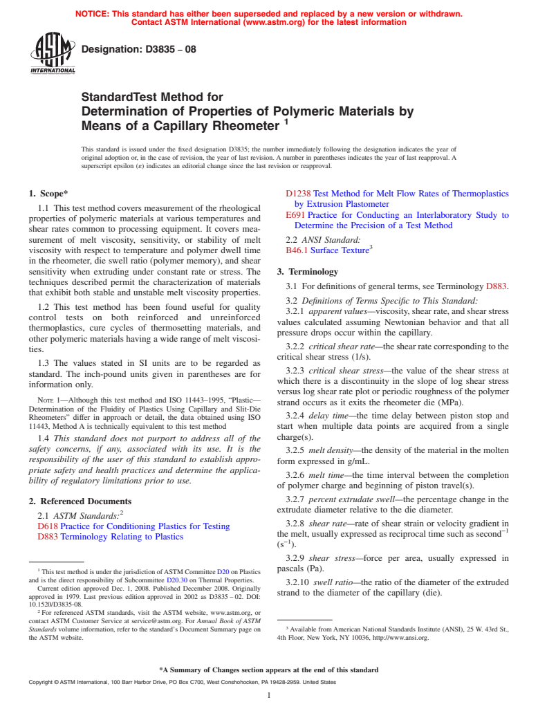 ASTM D3835-08 - Standard Test Method for Determination of Properties of Polymeric Materials by Means of a Capillary Rheometer