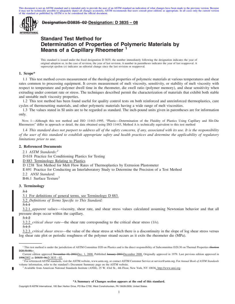 REDLINE ASTM D3835-08 - Standard Test Method for Determination of Properties of Polymeric Materials by Means of a Capillary Rheometer