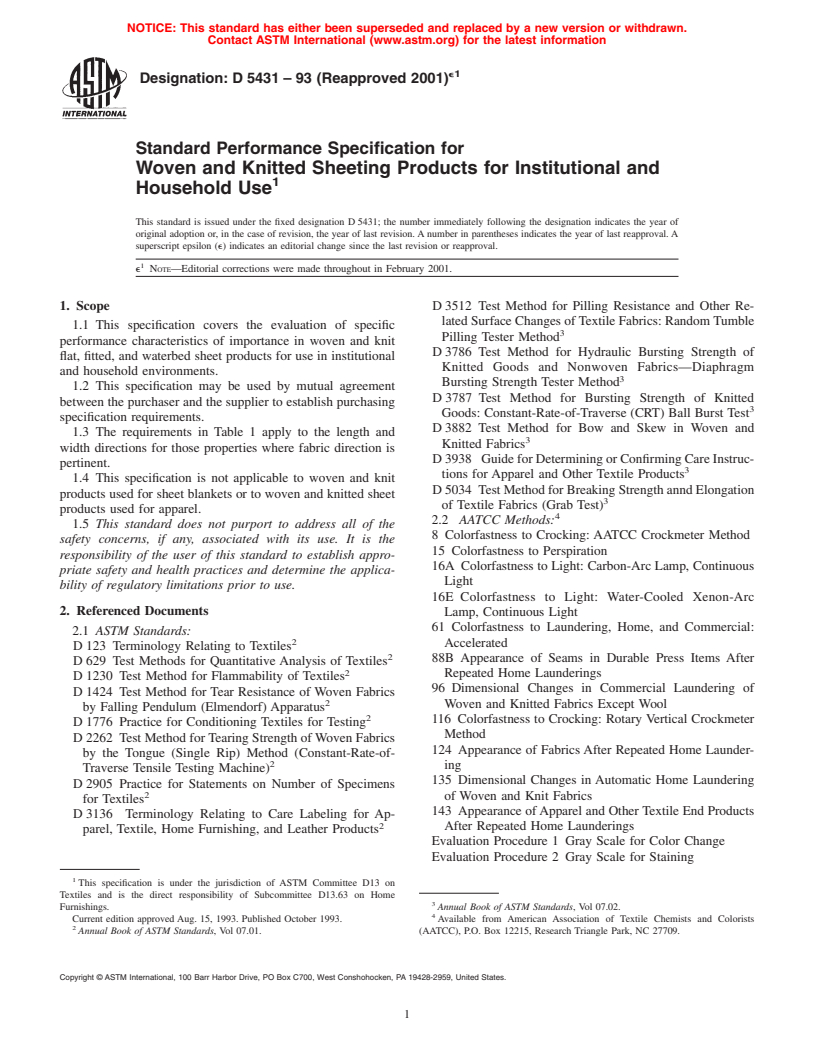 ASTM D5431-93(2001)e1 - Standard Performance Specification for Woven and Knitted Sheeting Products for Institutional and Household Use