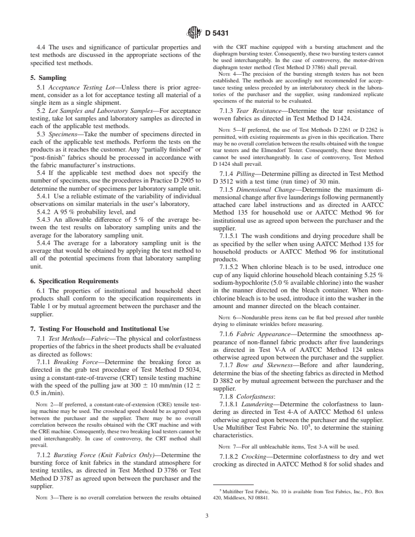 ASTM D5431-93(2001)e1 - Standard Performance Specification for Woven and Knitted Sheeting Products for Institutional and Household Use