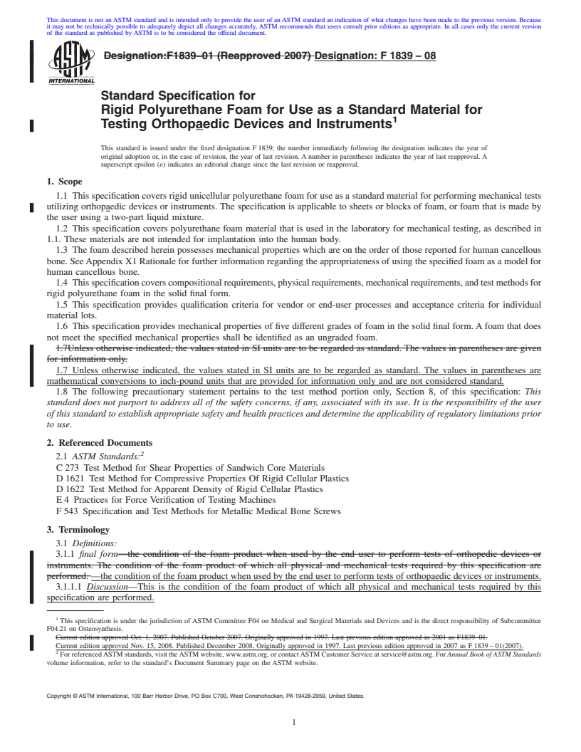 REDLINE ASTM F1839-08 - Standard Specification for Rigid Polyurethane Foam for Use as a Standard Material for Testing Orthopedic Devices and Instruments