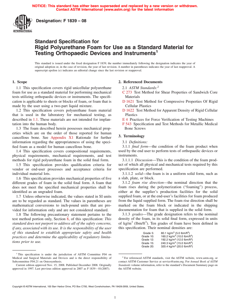 ASTM F1839-08 - Standard Specification for Rigid Polyurethane Foam for Use as a Standard Material for Testing Orthopedic Devices and Instruments