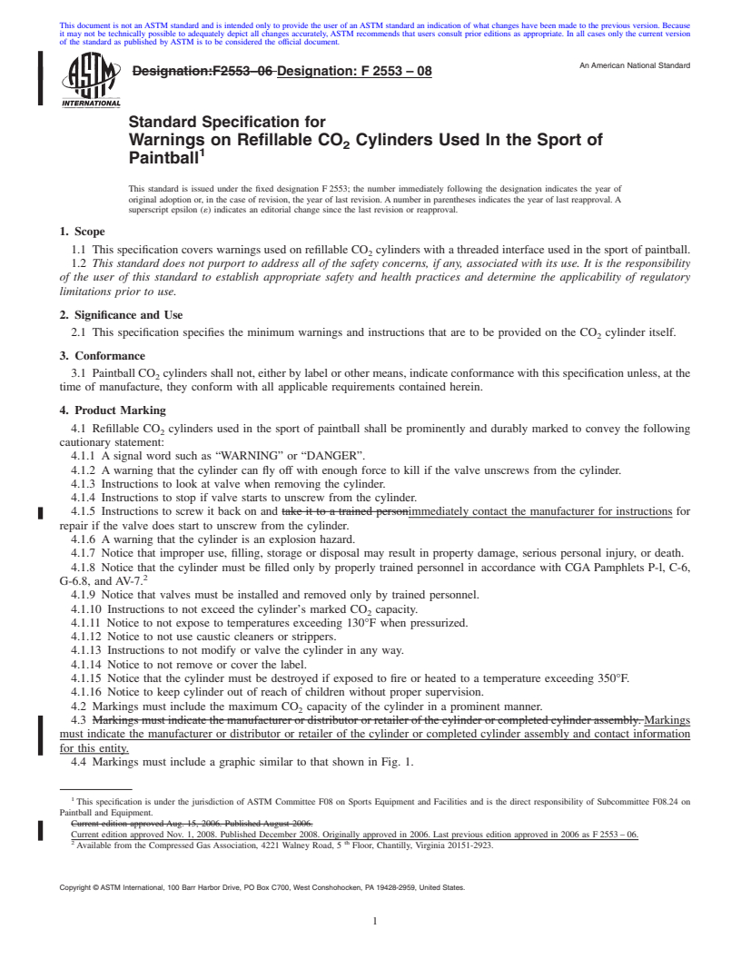 REDLINE ASTM F2553-08 - Standard Specification for Warnings on Refillable CO<sub>2</sub> Cylinders Used In the Sport of Paintball
