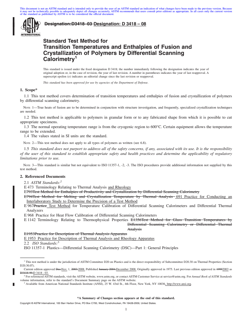 REDLINE ASTM D3418-08 - Standard Test Method for Transition Temperatures and Enthalpies of Fusion and Crystallization of Polymers by Differential Scanning Calorimetry