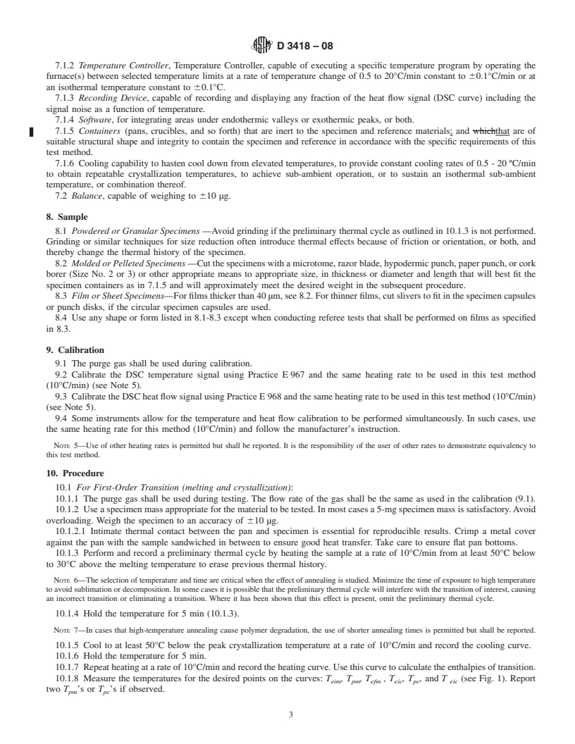 REDLINE ASTM D3418-08 - Standard Test Method for Transition Temperatures and Enthalpies of Fusion and Crystallization of Polymers by Differential Scanning Calorimetry