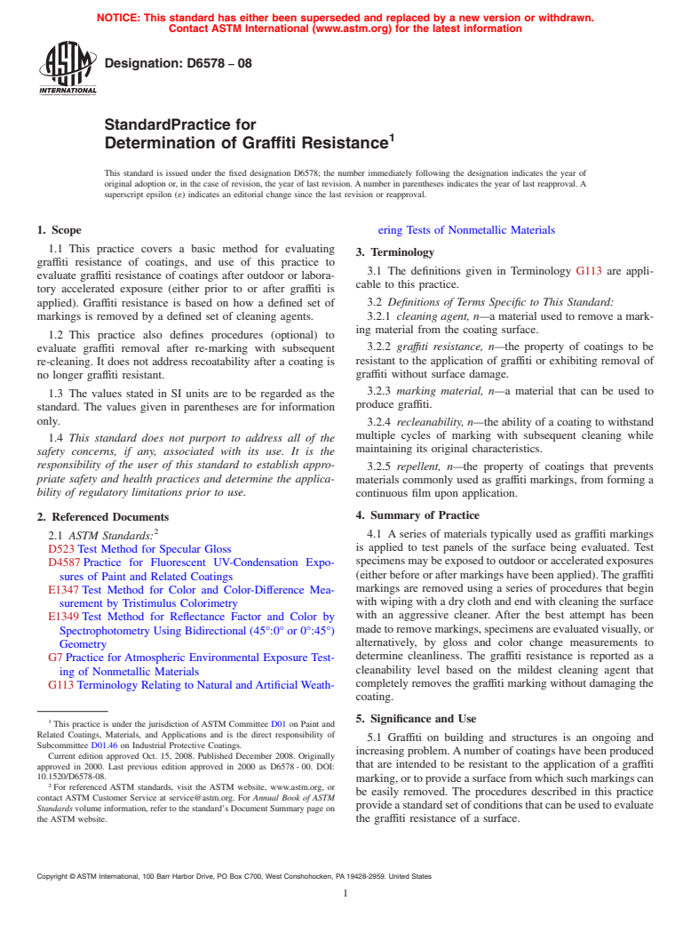 ASTM D6578-08 - Standard Practice for Determination of Graffiti Resistance