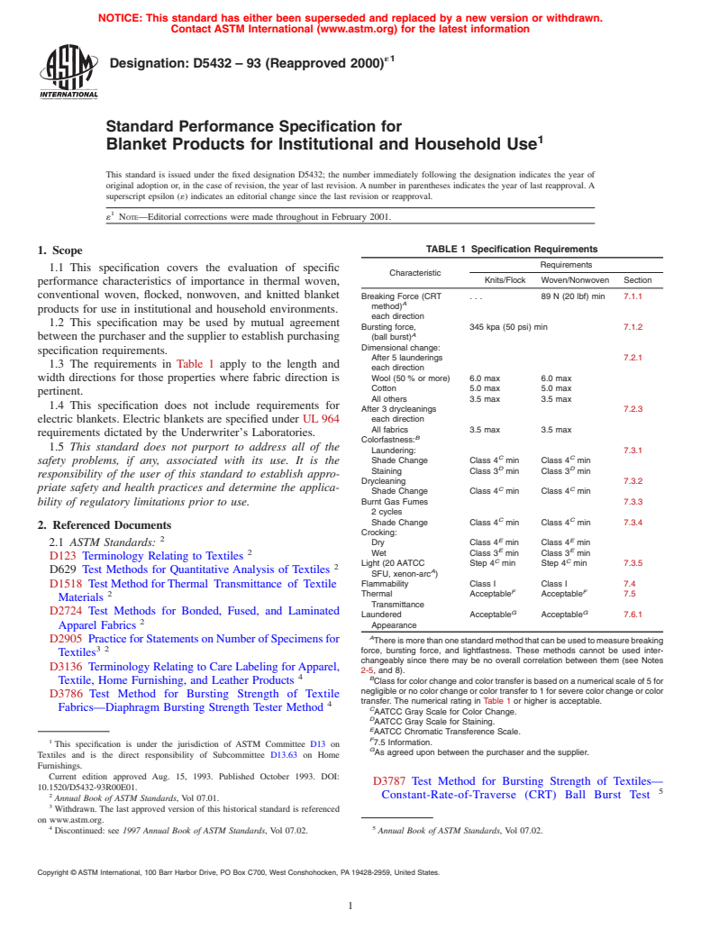 ASTM D5432-93(2000)e1 - Standard Performance Specification for Blanket Products for Institutional and Household Use (Withdrawn 2009)