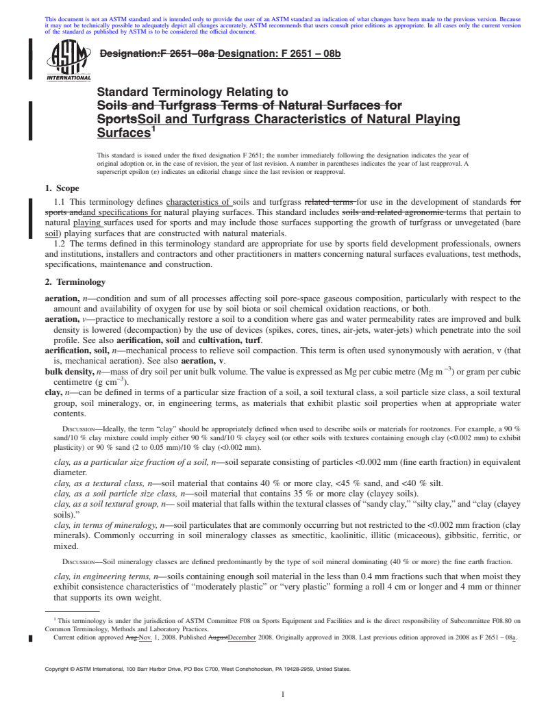 REDLINE ASTM F2651-08b - Standard Terminology Relating to Soil and Turfgrass Characteristics of Natural Playing Surfaces