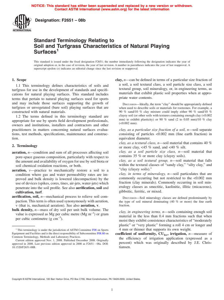 ASTM F2651-08b - Standard Terminology Relating to Soil and Turfgrass Characteristics of Natural Playing Surfaces