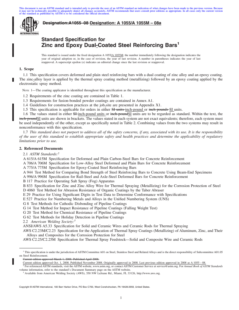 REDLINE ASTM A1055/A1055M-08a - Standard Specification for Zinc and Epoxy Dual-Coated Steel Reinforcing Bars