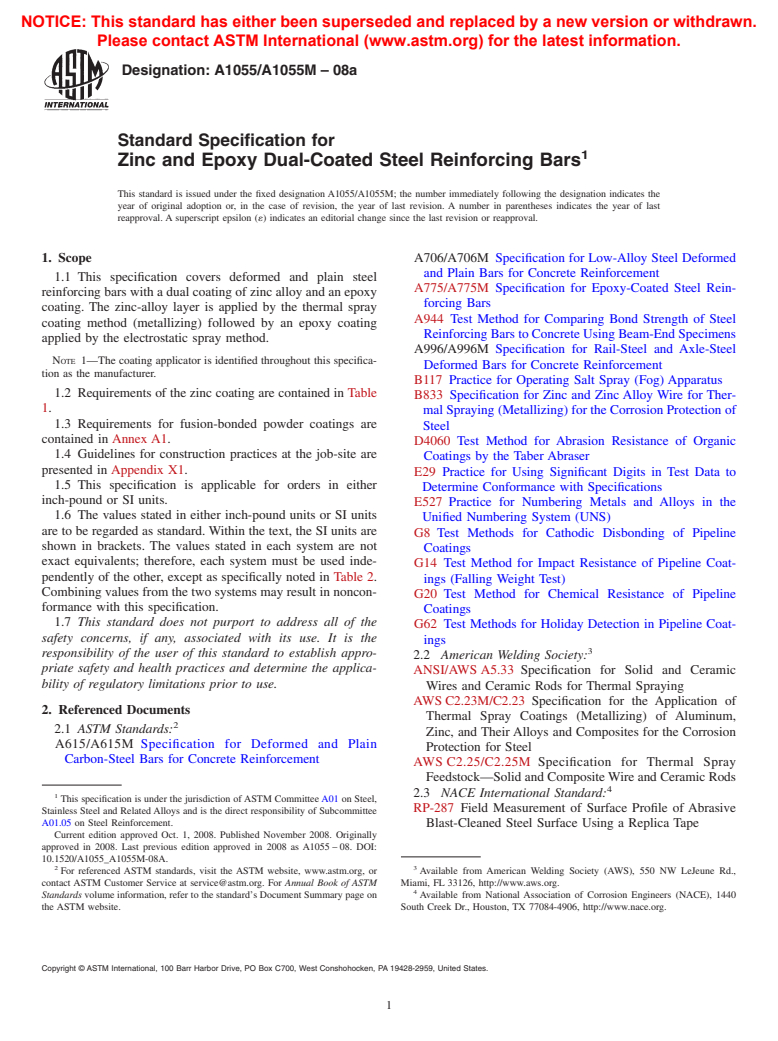 ASTM A1055/A1055M-08a - Standard Specification for Zinc and Epoxy Dual-Coated Steel Reinforcing Bars