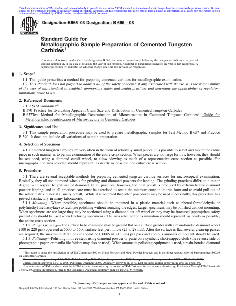 REDLINE ASTM B665-08 - Standard Guide for Metallographic Sample Preparation of Cemented Tungsten Carbides